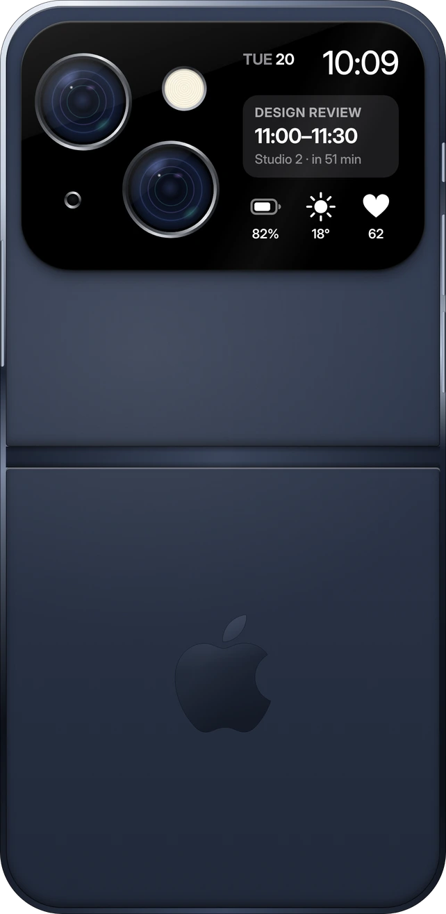 The back of iPhone Flip open in Midnight: the black camera bar above the hinge, frosted glass and the Apple logo below