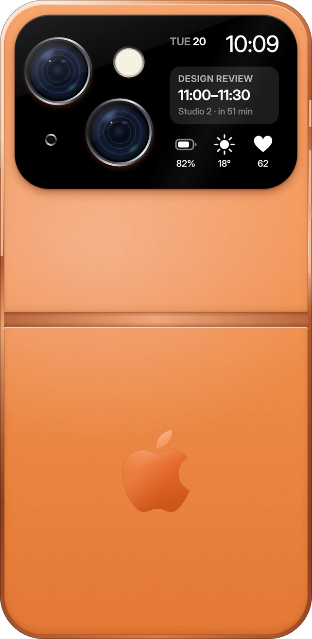 The back of iPhone Flip open in Cosmic Orange: the black camera bar above the hinge, frosted glass and the Apple logo below