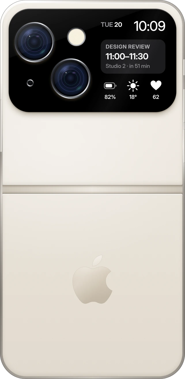 The back of iPhone Flip open in Pearl: the black camera bar above the hinge, frosted glass and the Apple logo below