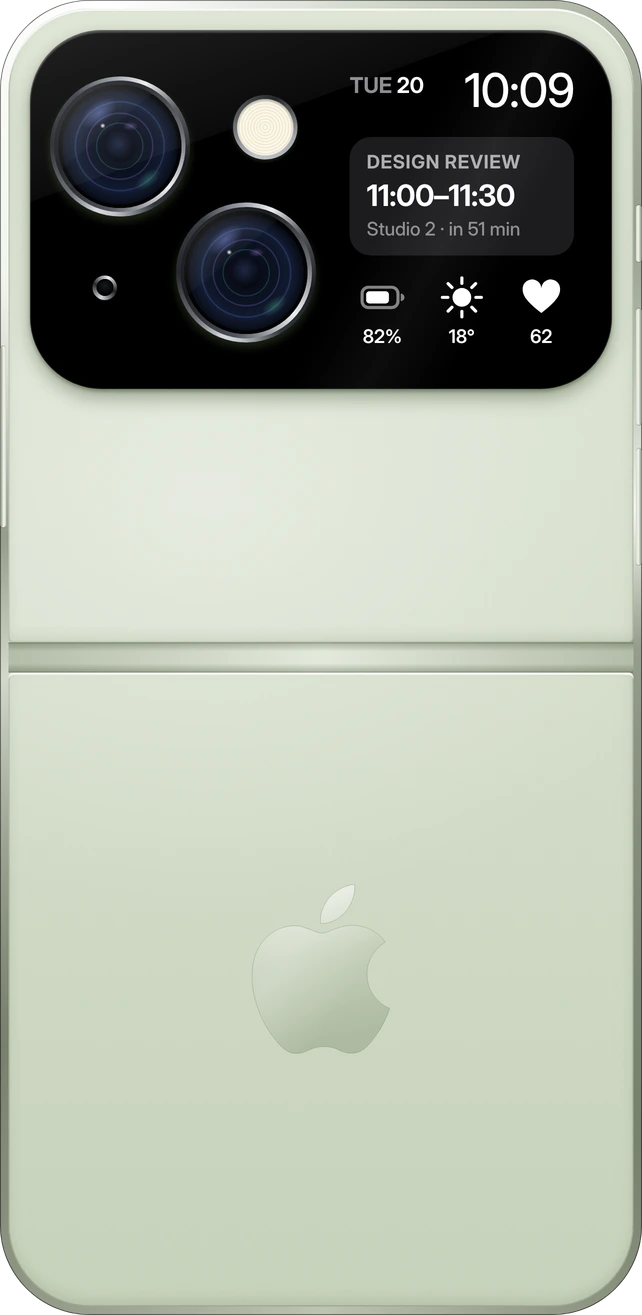 The back of iPhone Flip open in Sage: the black camera bar above the hinge, frosted glass and the Apple logo below