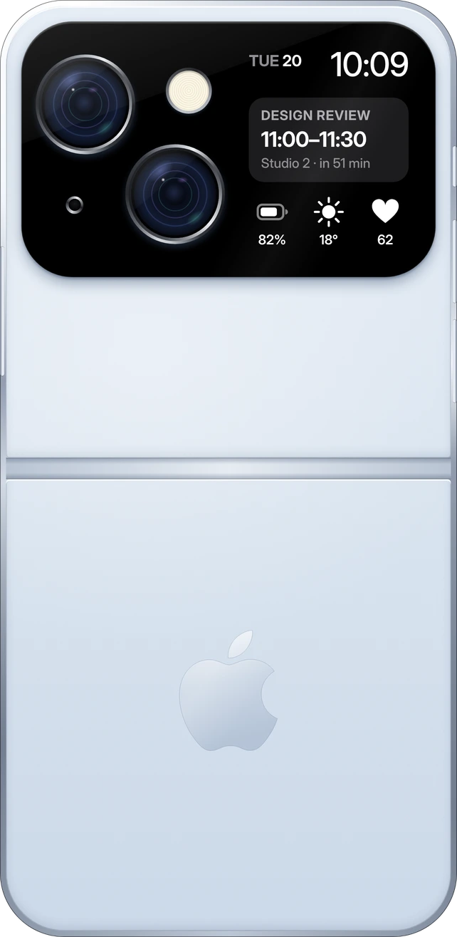 The back of iPhone Flip open in Sky: the black camera bar above the hinge, frosted glass and the Apple logo below