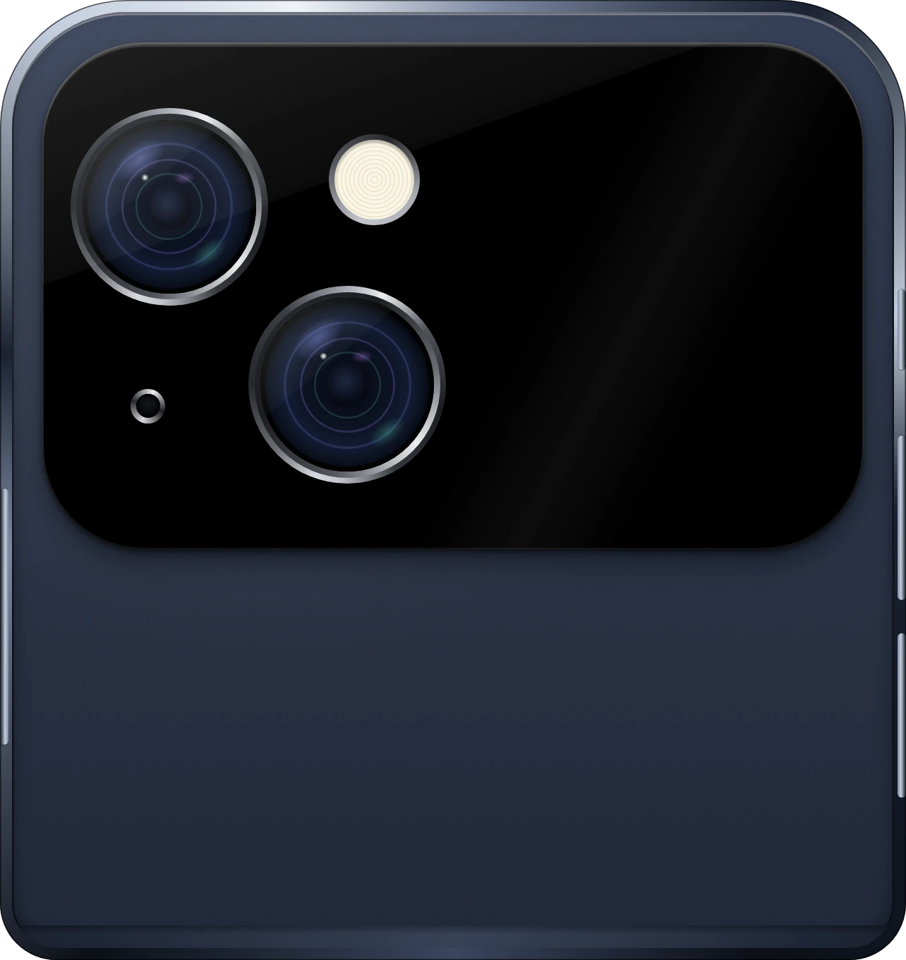 iPhone Flip closed in Midnight, its outer display showing only the date and time