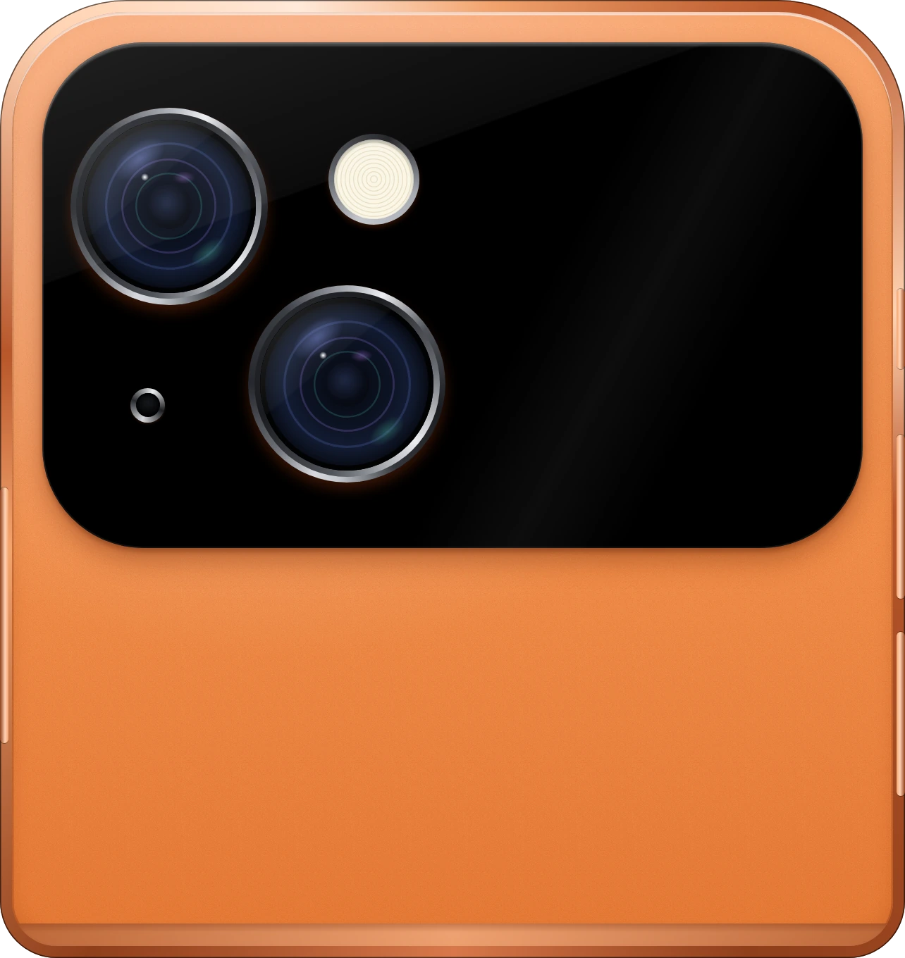iPhone Flip closed in Cosmic Orange, its outside screen showing Selfie Camera