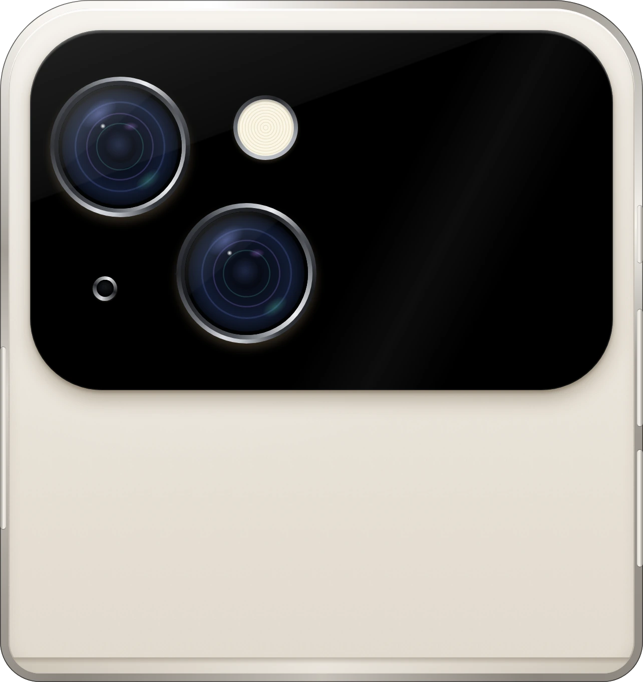 iPhone Flip closed in Pearl, its outer display showing the iPhone battery at 82 percent