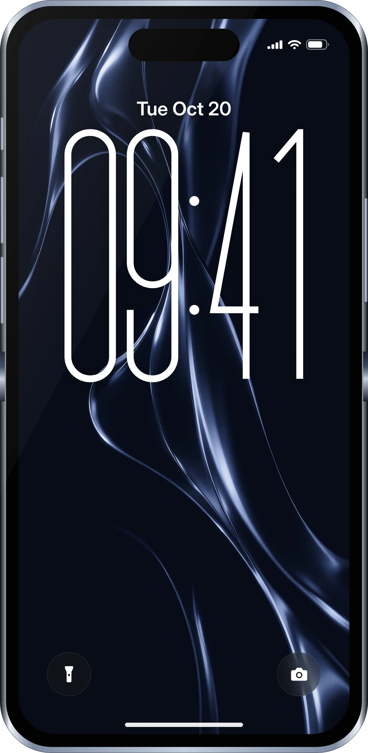 iPhone Flip open in Midnight, its lock screen on a midnight wallpaper