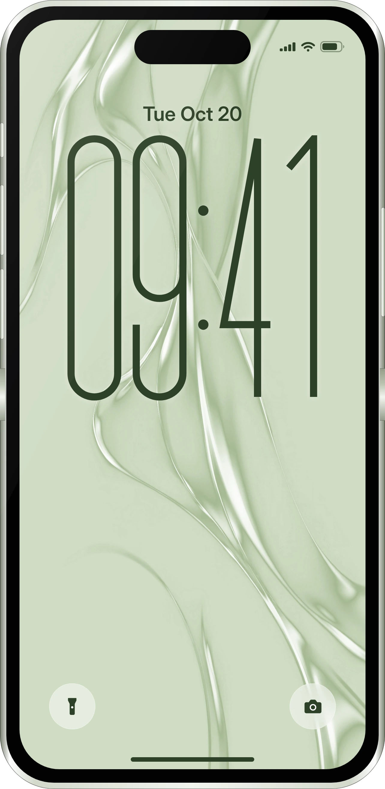 iPhone Flip open in Sage, its lock screen on a sage wallpaper